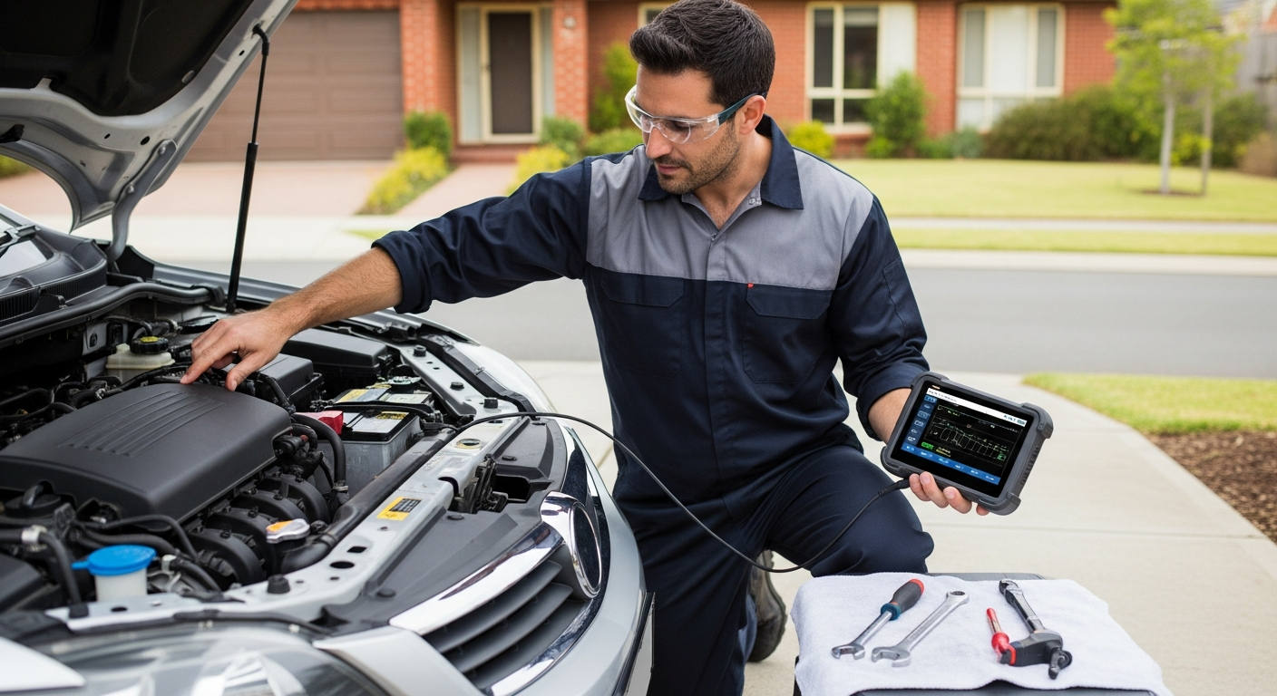 Automobile mechanic performing mobile diagnostics