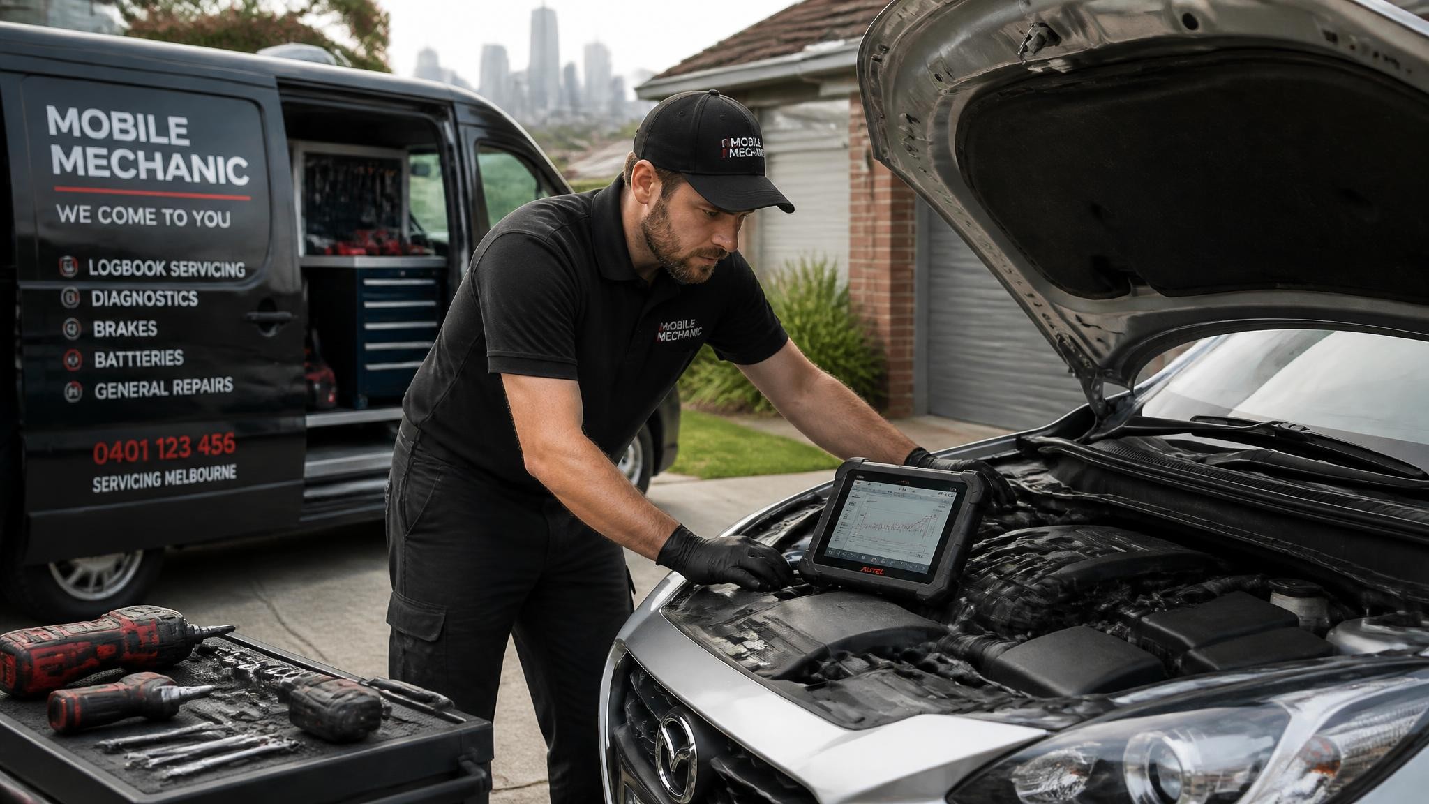 Car mechanic providing mobile repairs at a Melbourne home