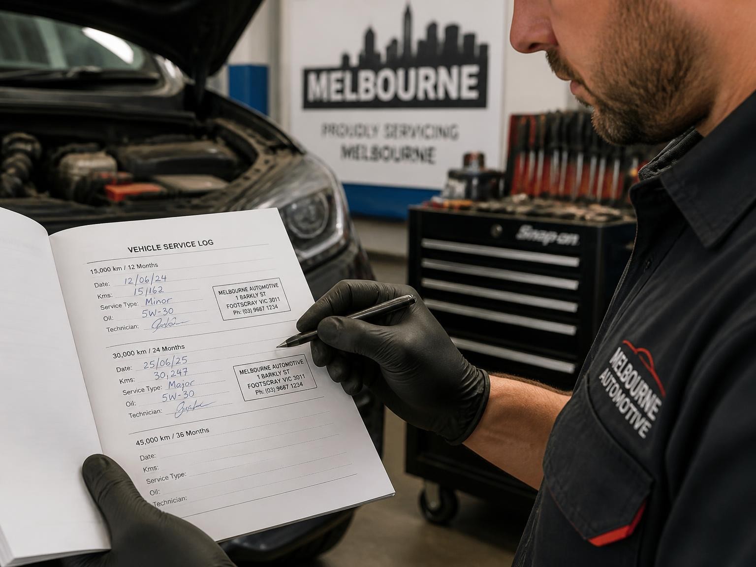 Logbook car servicing at a Northcote workplace