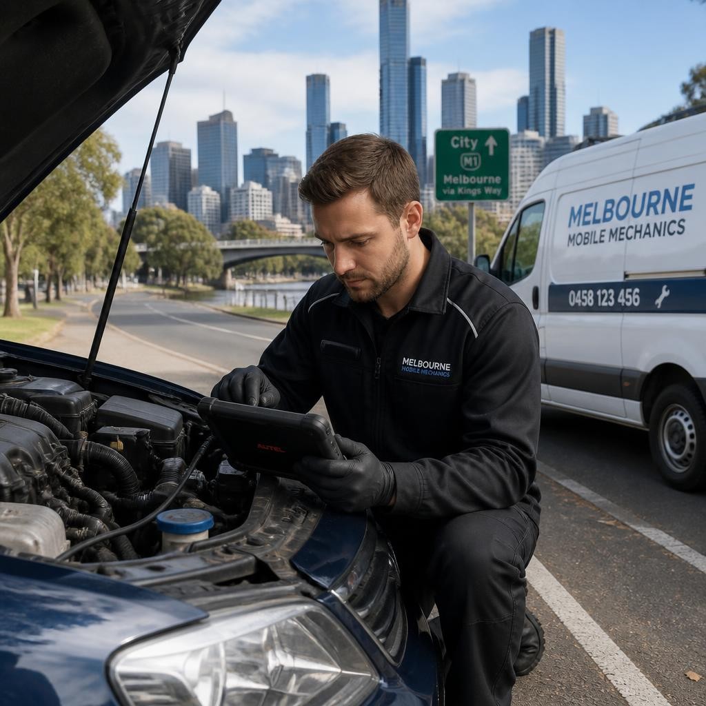 Mobile mechanic performing roadside car diagnostics