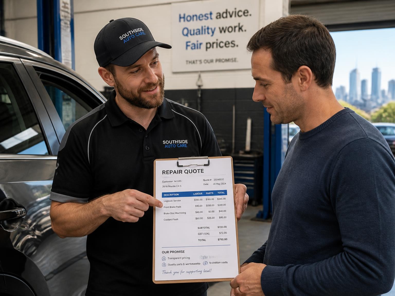 Mechanic explaining an upfront car repair quote in Melbourne