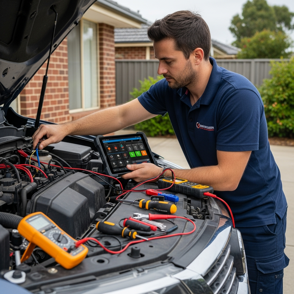 Mobile vehicle electrician diagnosing electrical fault