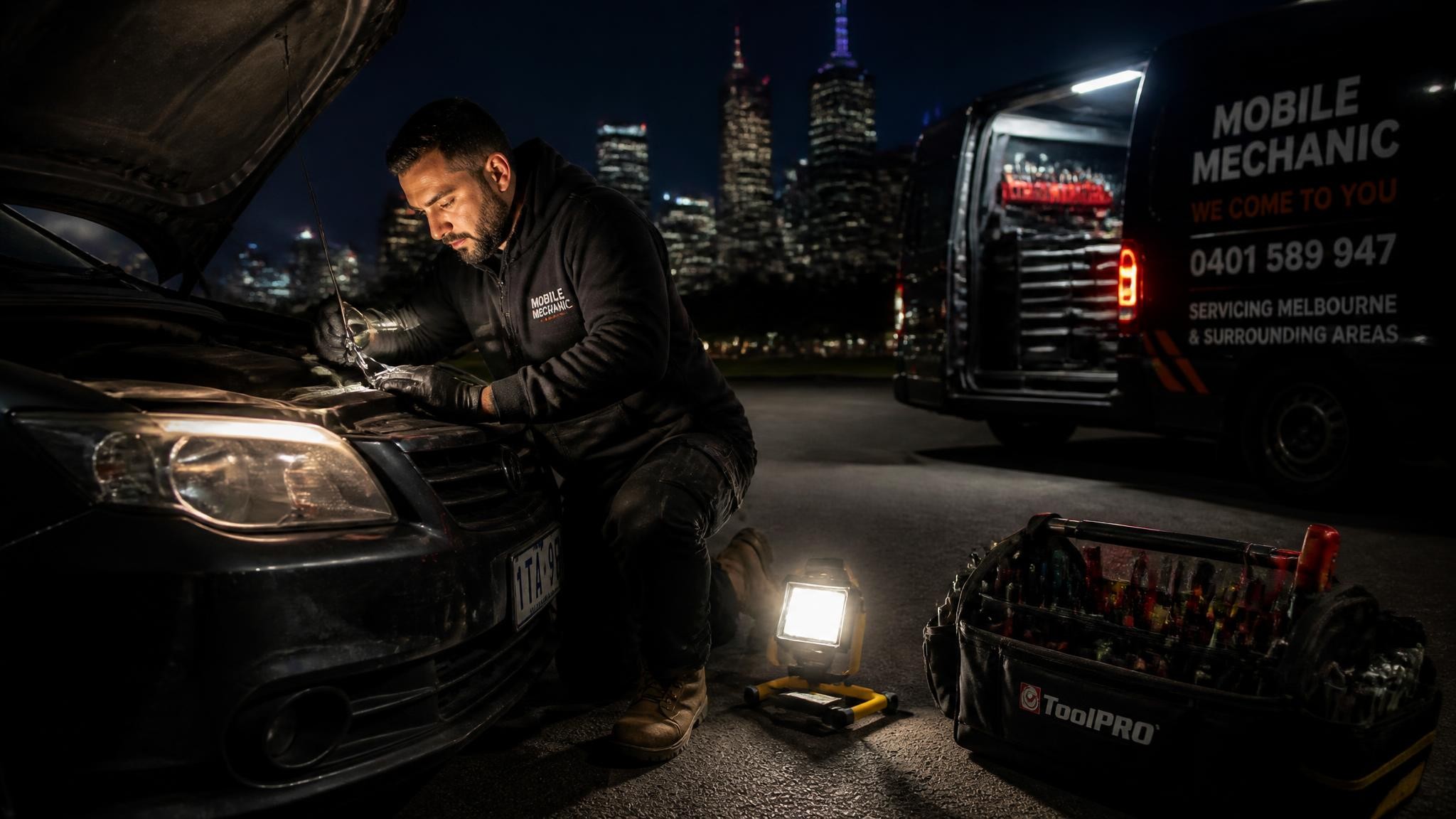 Mobile mechanic carrying out an on-site car repair in Melbourne