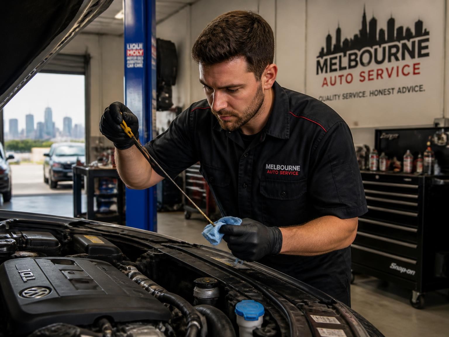 Mechanic performing routine vehicle servicing in Melbourne