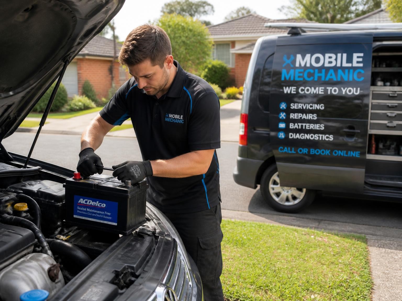 Mobile mechanic replacing a car battery at a Melbourne home