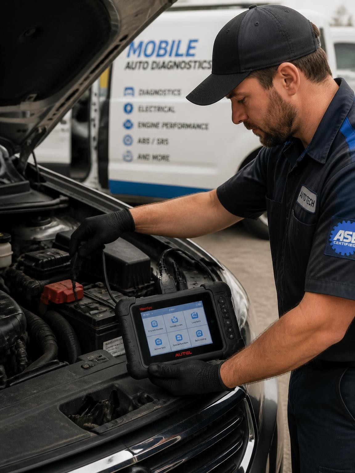 Mobile mechanic using diagnostic equipment during a car repair check