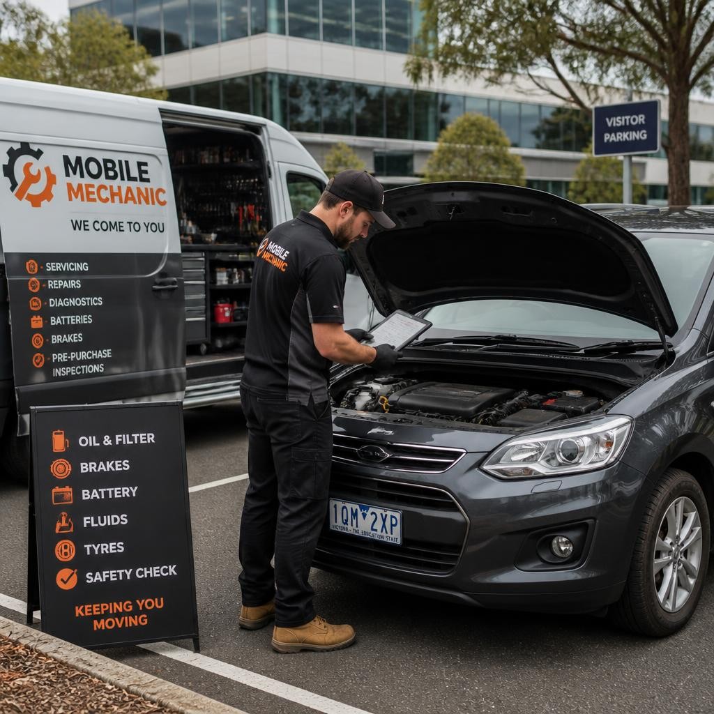 Mobile mechanic completing routine servicing at a workplace