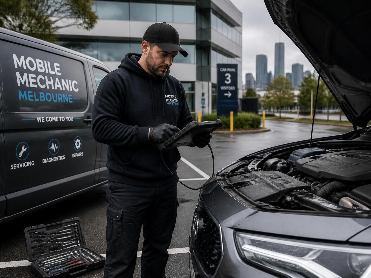Mobile mechanic performing car diagnostics onsite in Melbourne