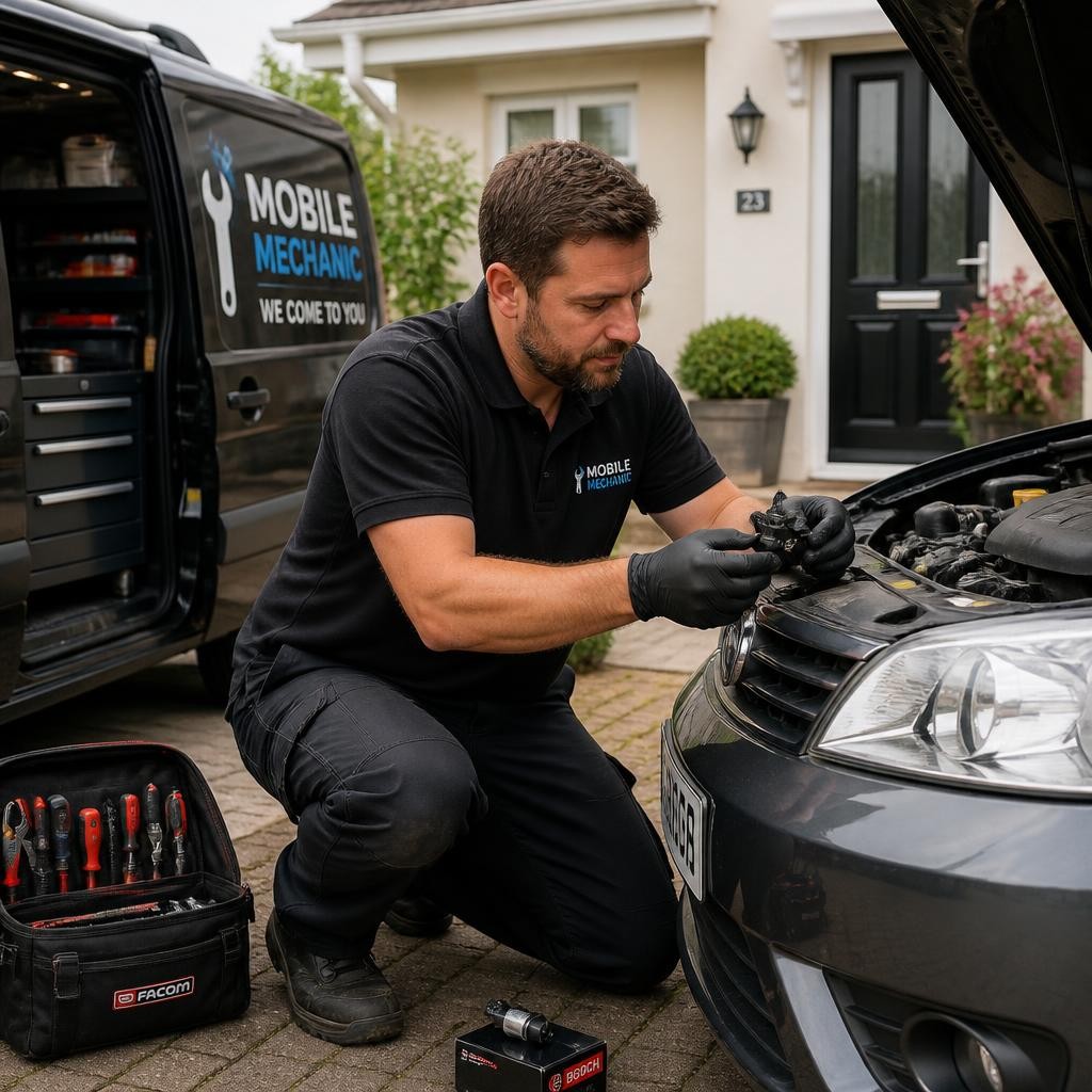 Mobile mechanic performing a minor car repair at a customer's home