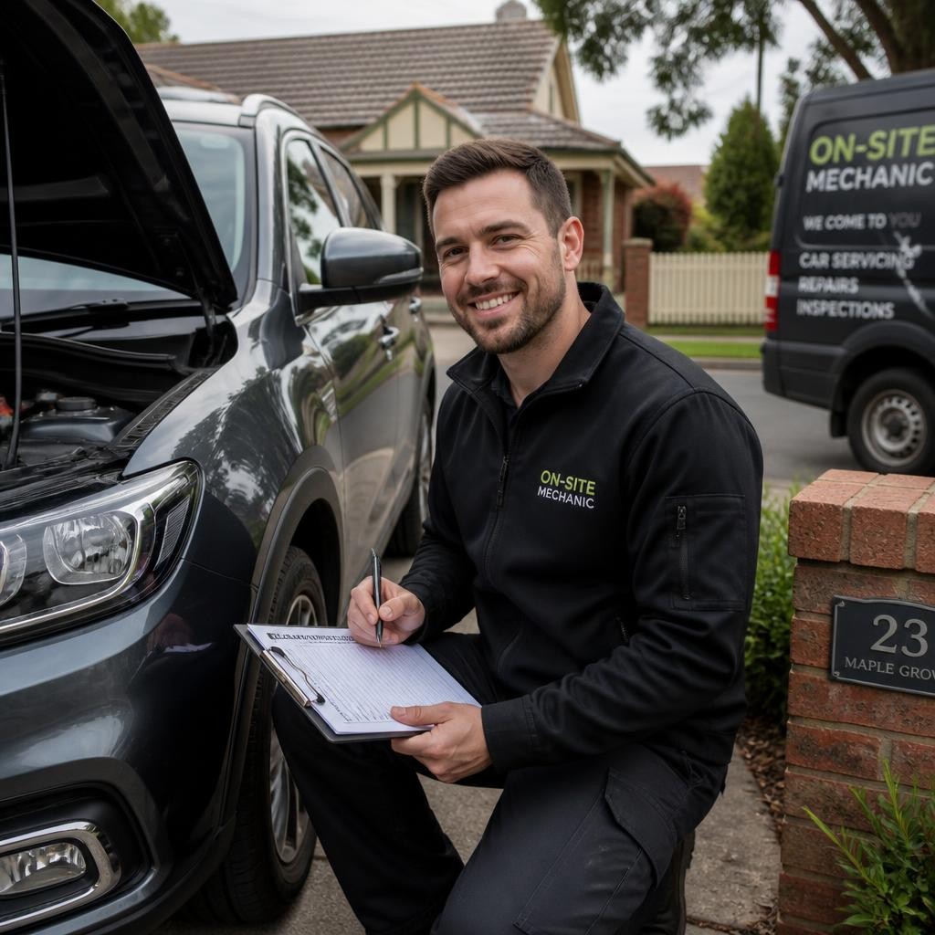 Mobile mechanic performing an on-site vehicle inspection in Melbourne