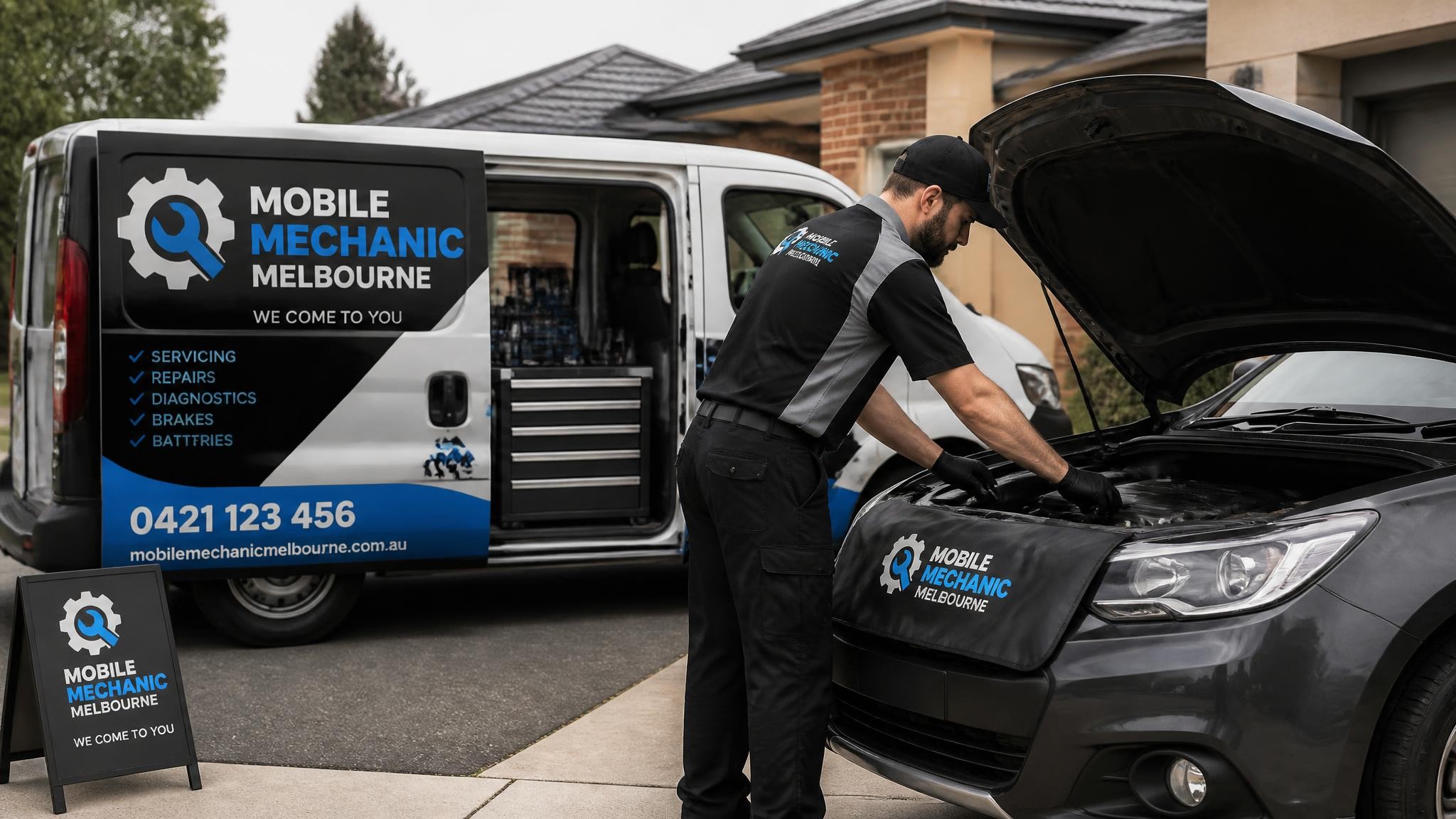 Mobile mechanic servicing a car at a Melbourne home