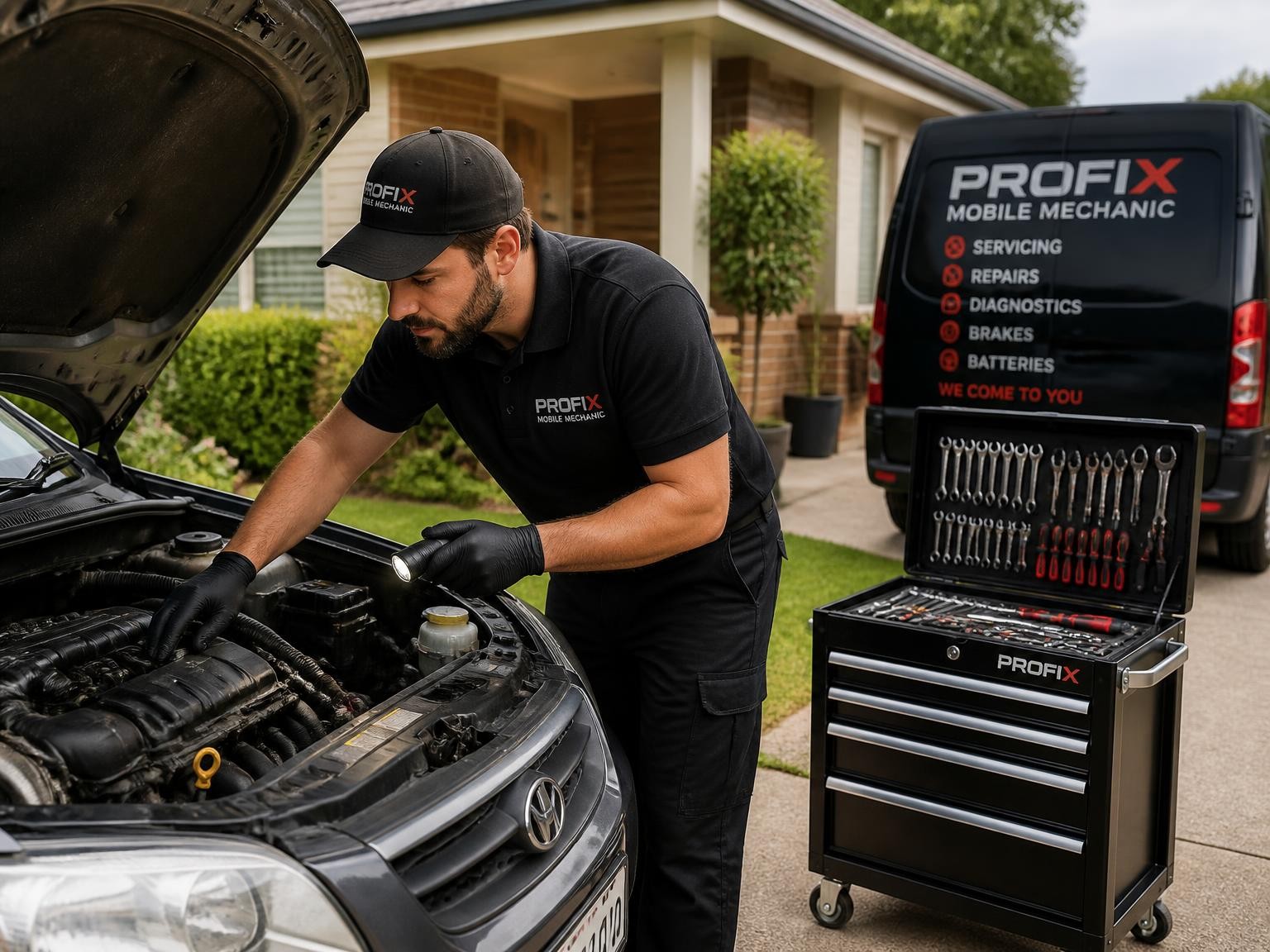 Mobile mechanic inspecting a car engine onsite