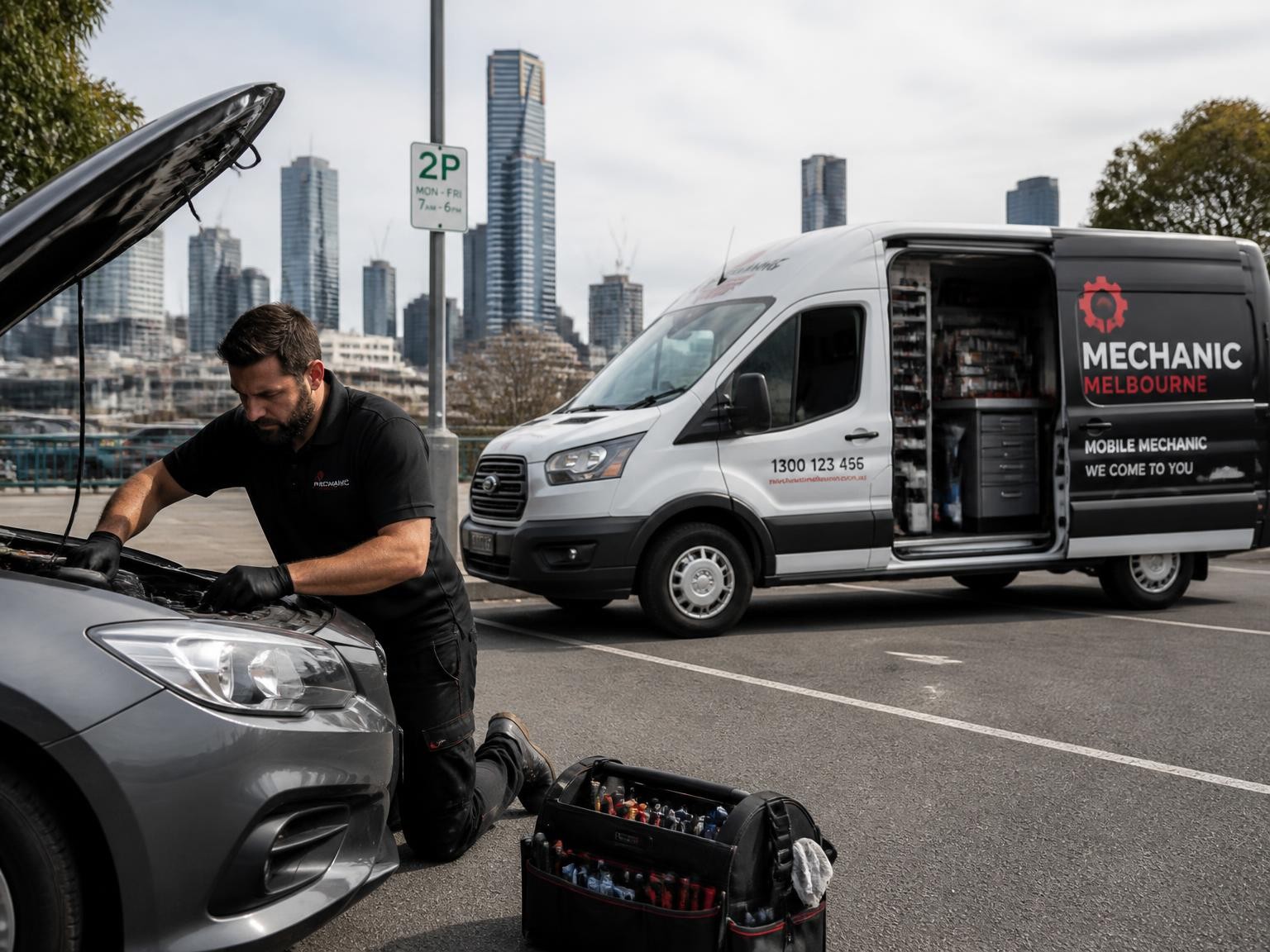 Onsite mechanic repairing a car at a workplace car park