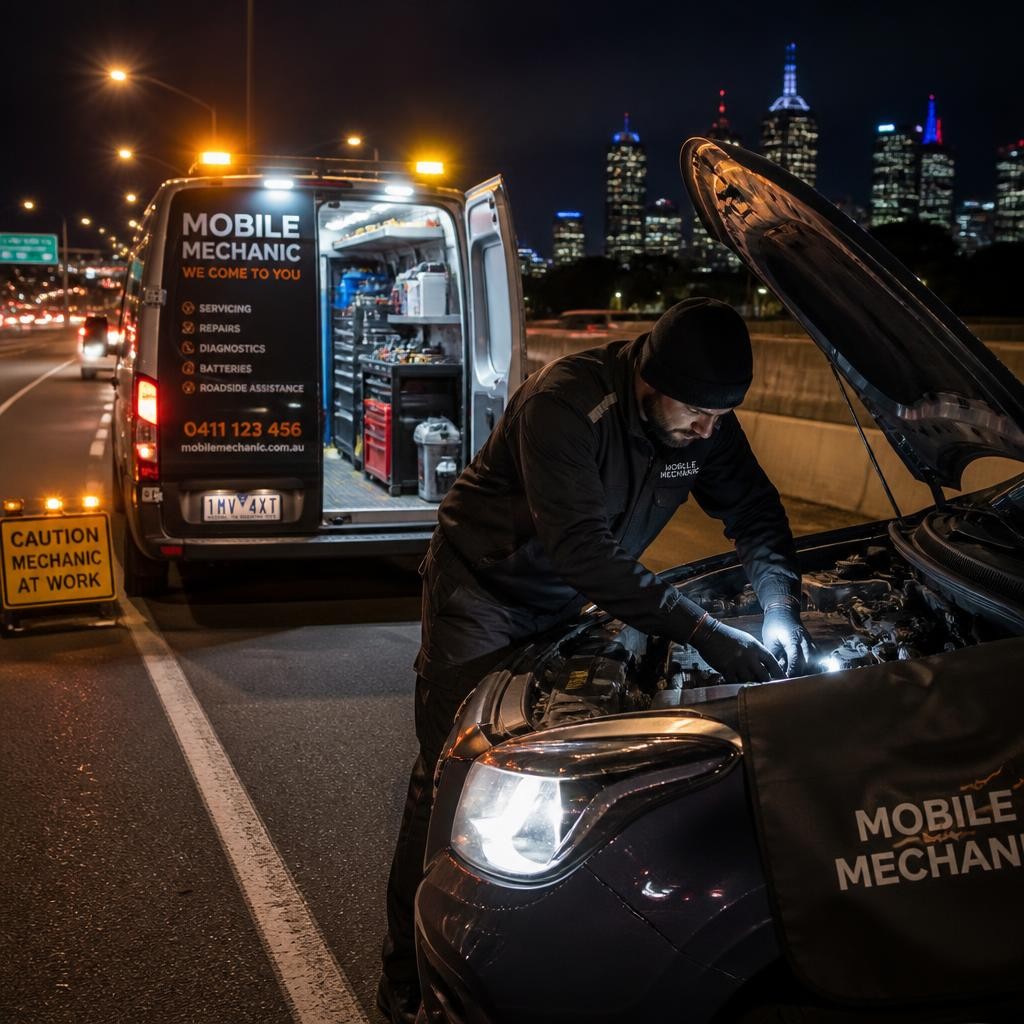 Emergency mobile mechanic repairing a broken-down car in Melbourne