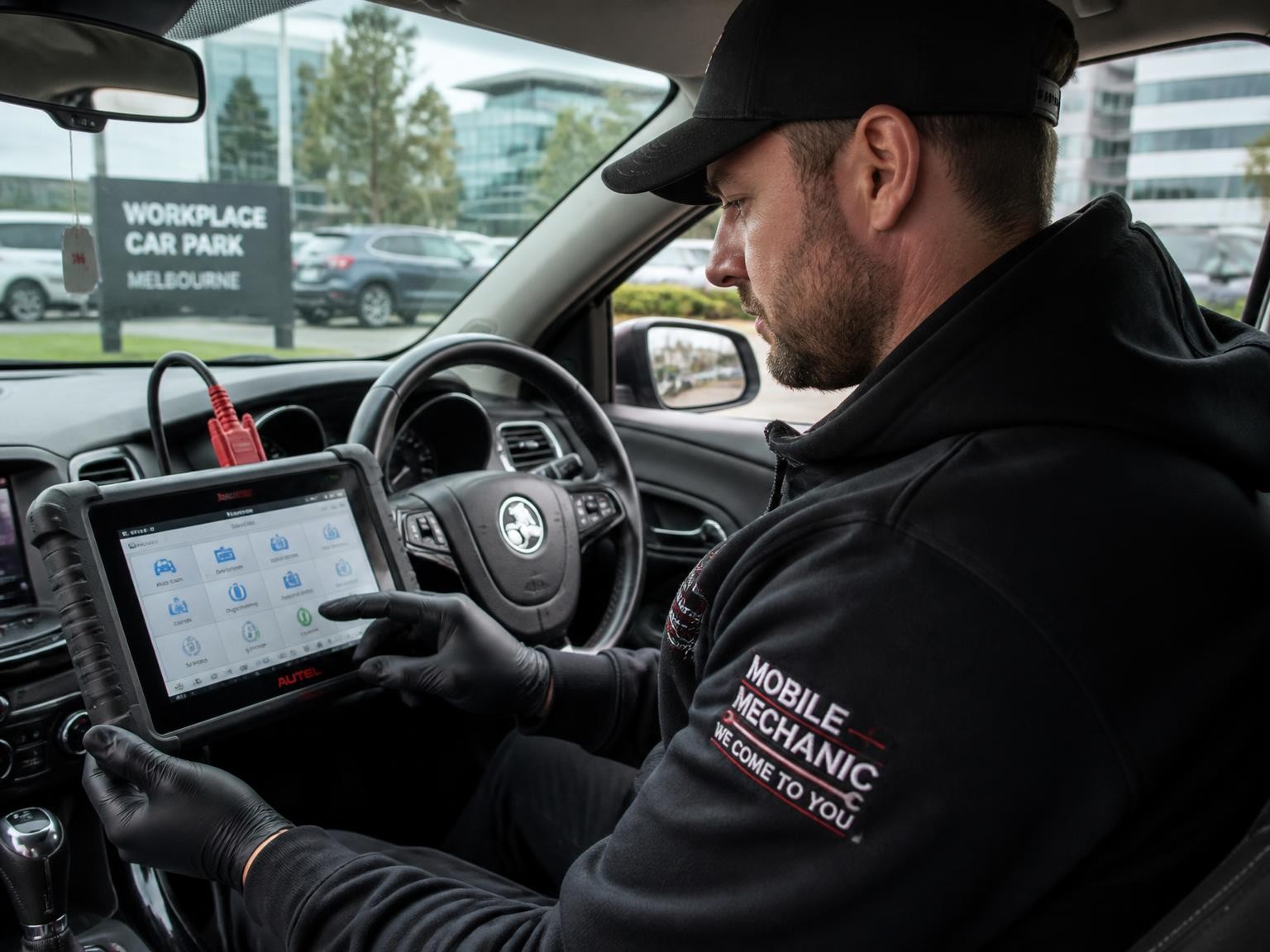 Mobile mechanic performing onsite vehicle diagnostics