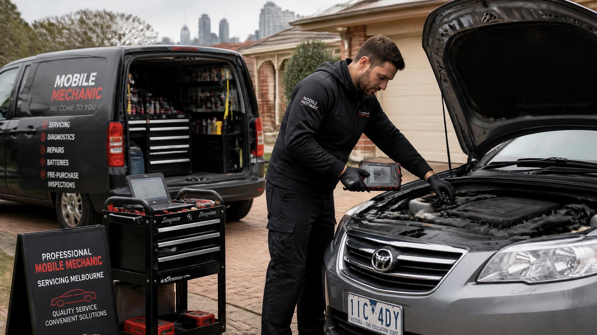 Mobile mechanic working on a car at a Melbourne home