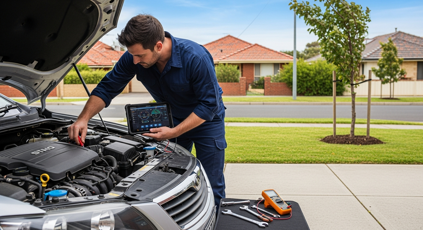 Mobile mechanic diagnosing car