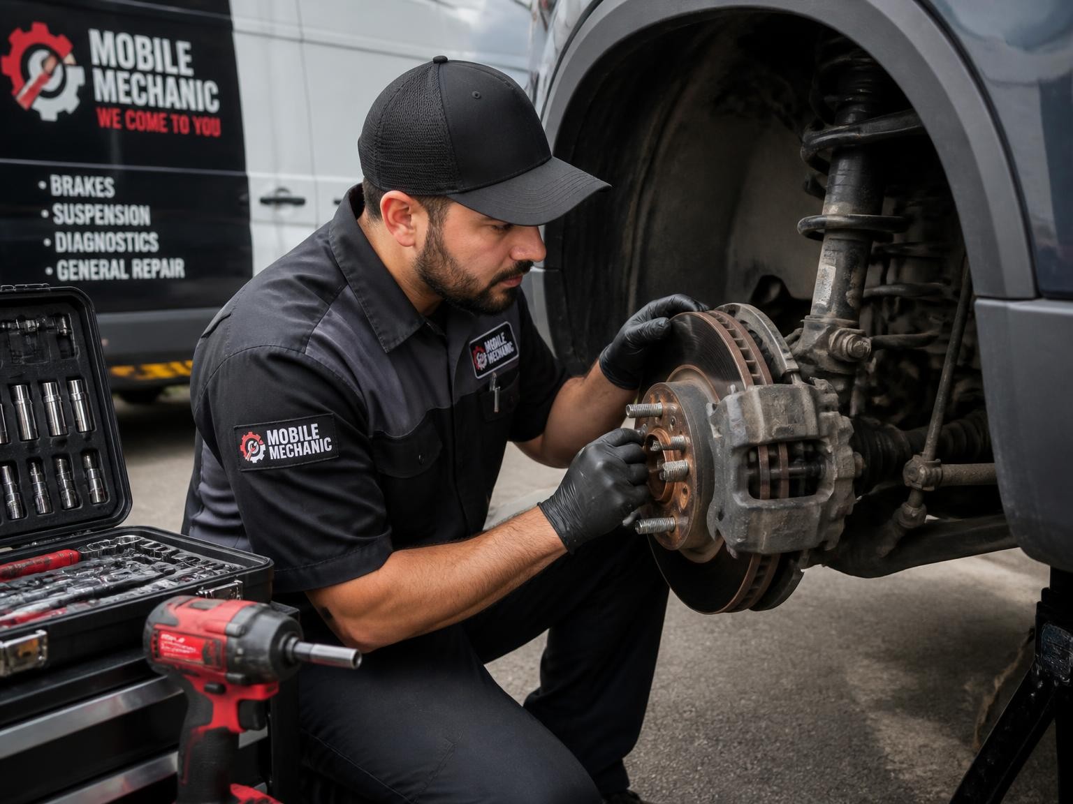 Mobile mechanic inspecting vehicle components before providing a repair quote