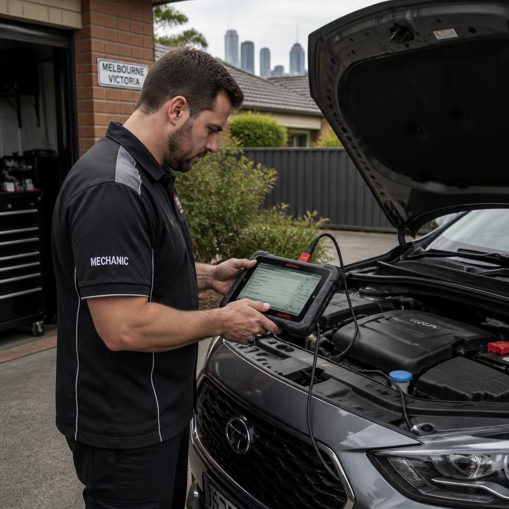 Mobile mechanic performing fast car diagnostics at a Melbourne home