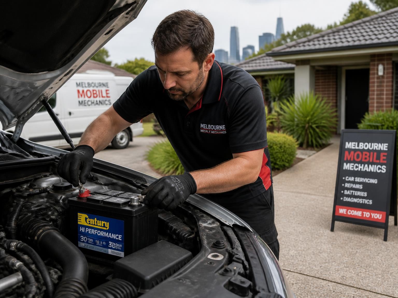 Mobile mechanic replacing a car battery at a customers location