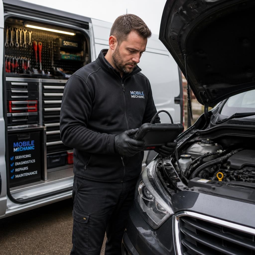 Mechanic using diagnostic equipment from a mobile workshop vehicle