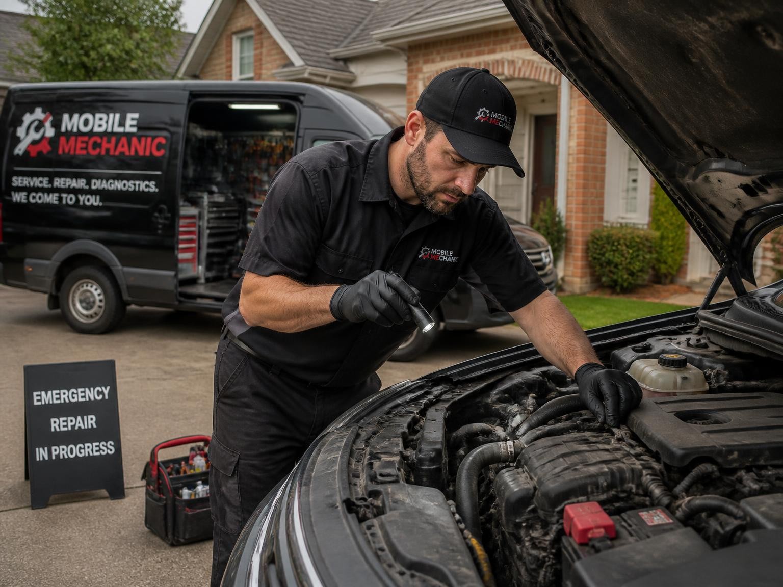 Qualified mobile mechanic inspecting a vehicle engine onsite