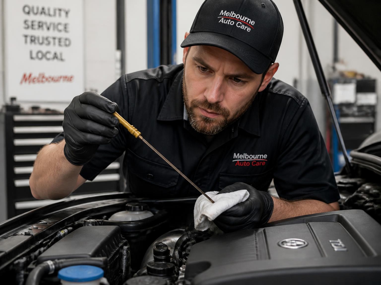 Mechanic performing warranty-safe vehicle maintenance checks