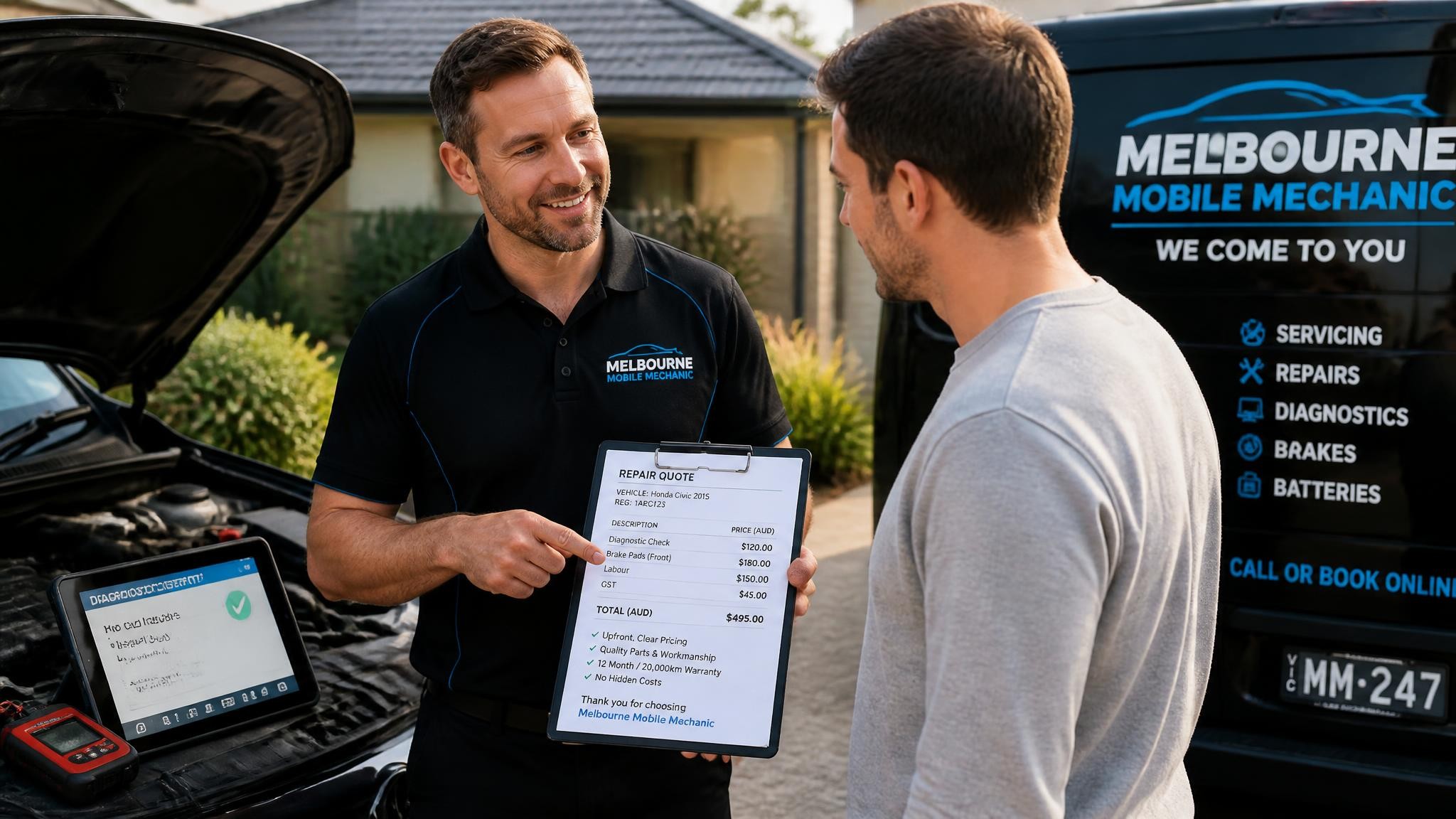 Mobile mechanic explaining transparent repair pricing in Melbourne