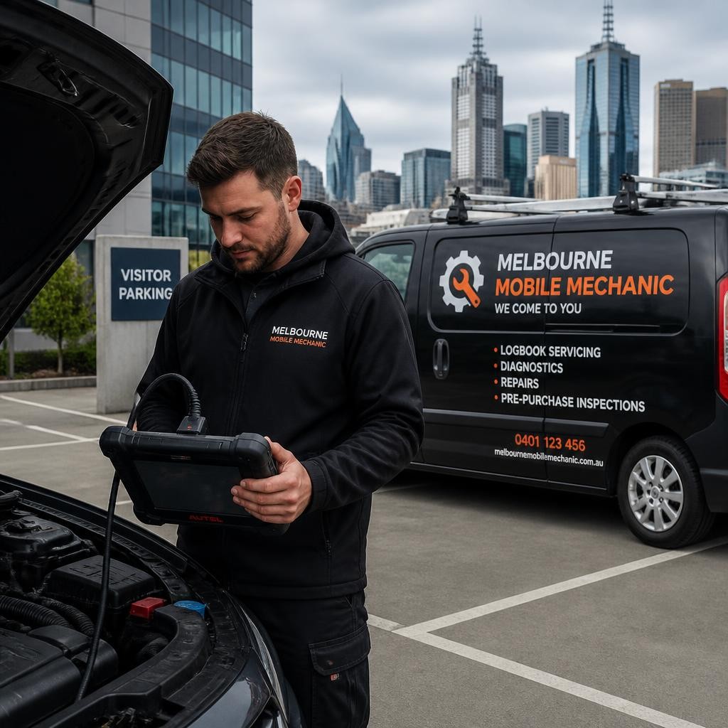Mobile mechanic conducting vehicle diagnostics onsite