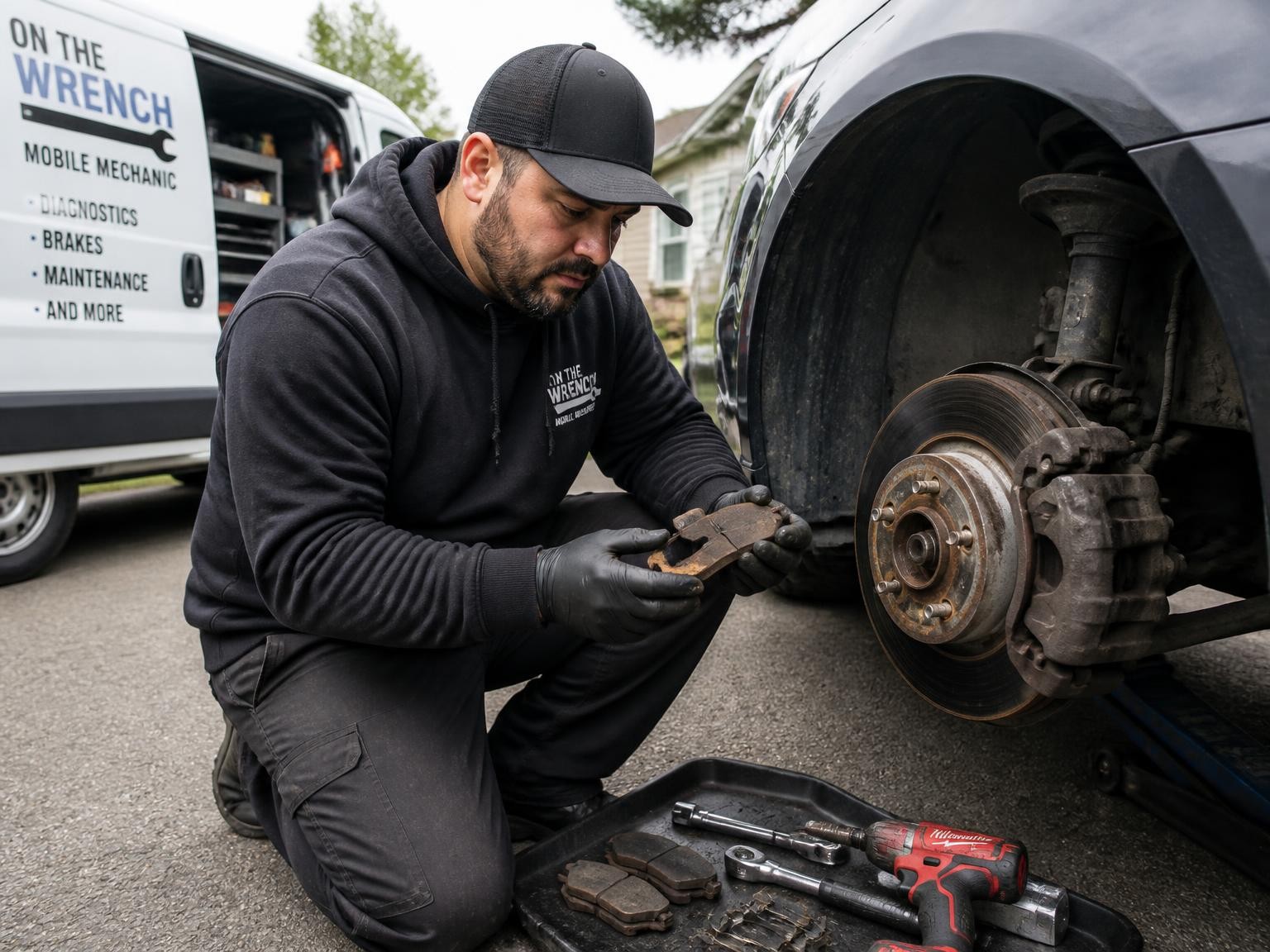 Mobile mechanic inspecting a brake repair