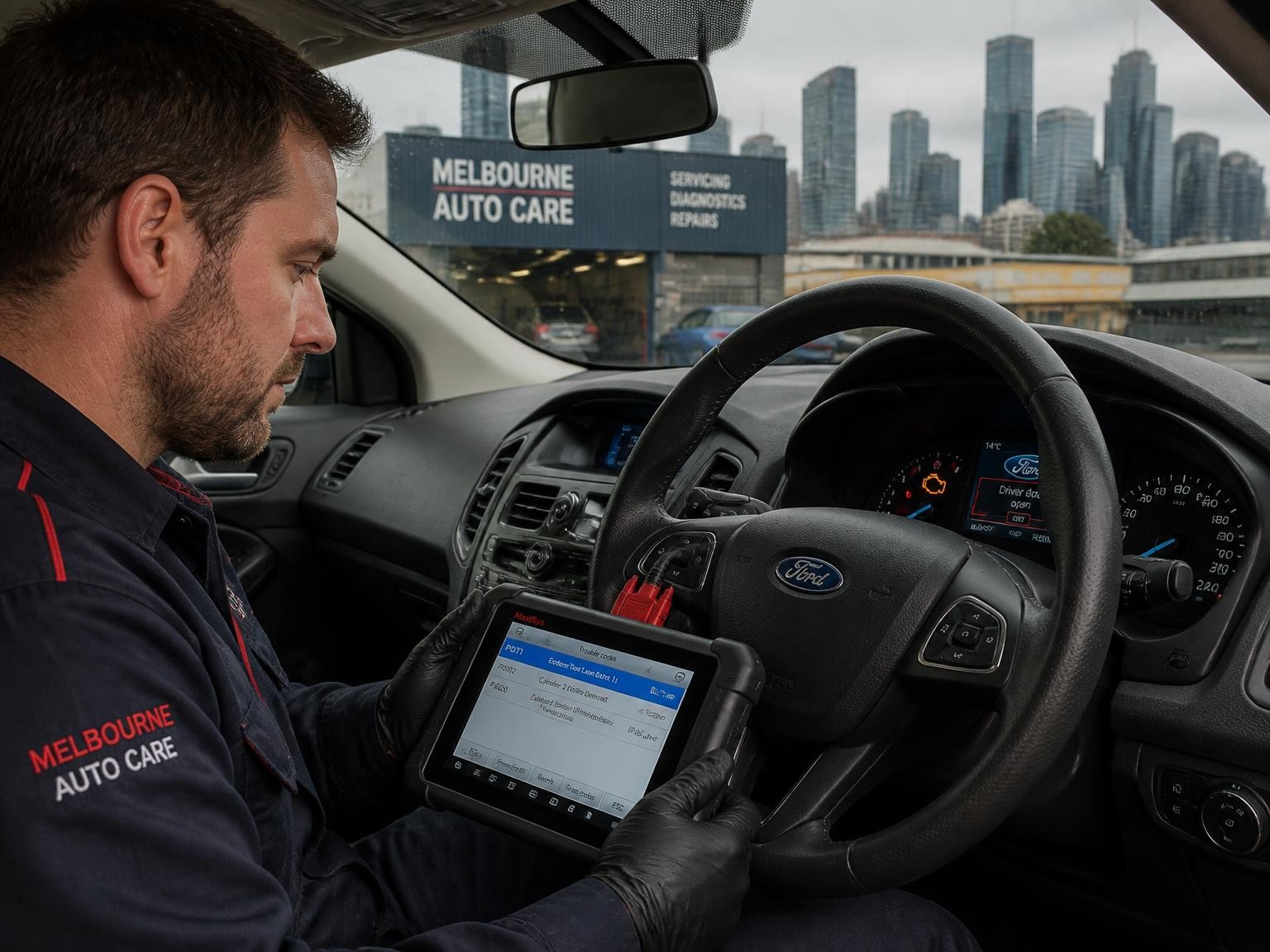 Local mechanic diagnosing a car warning light in Melbourne