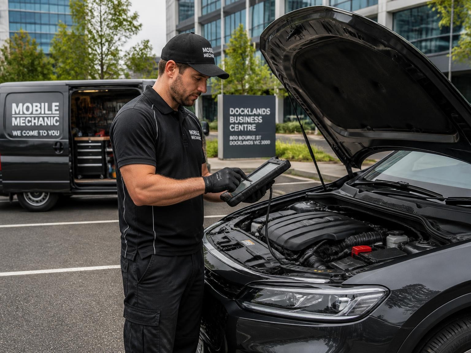Mobile mechanic completing onsite vehicle diagnostics in Melbourne