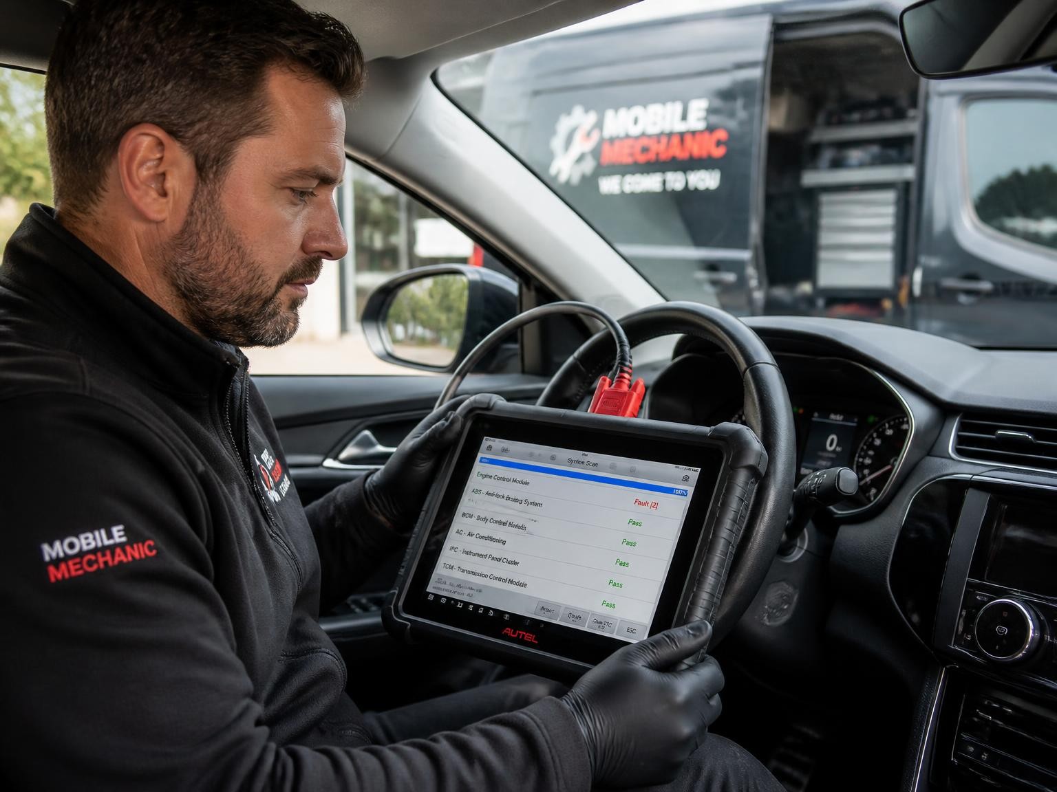 Mobile car electrician using diagnostic equipment on a vehicle