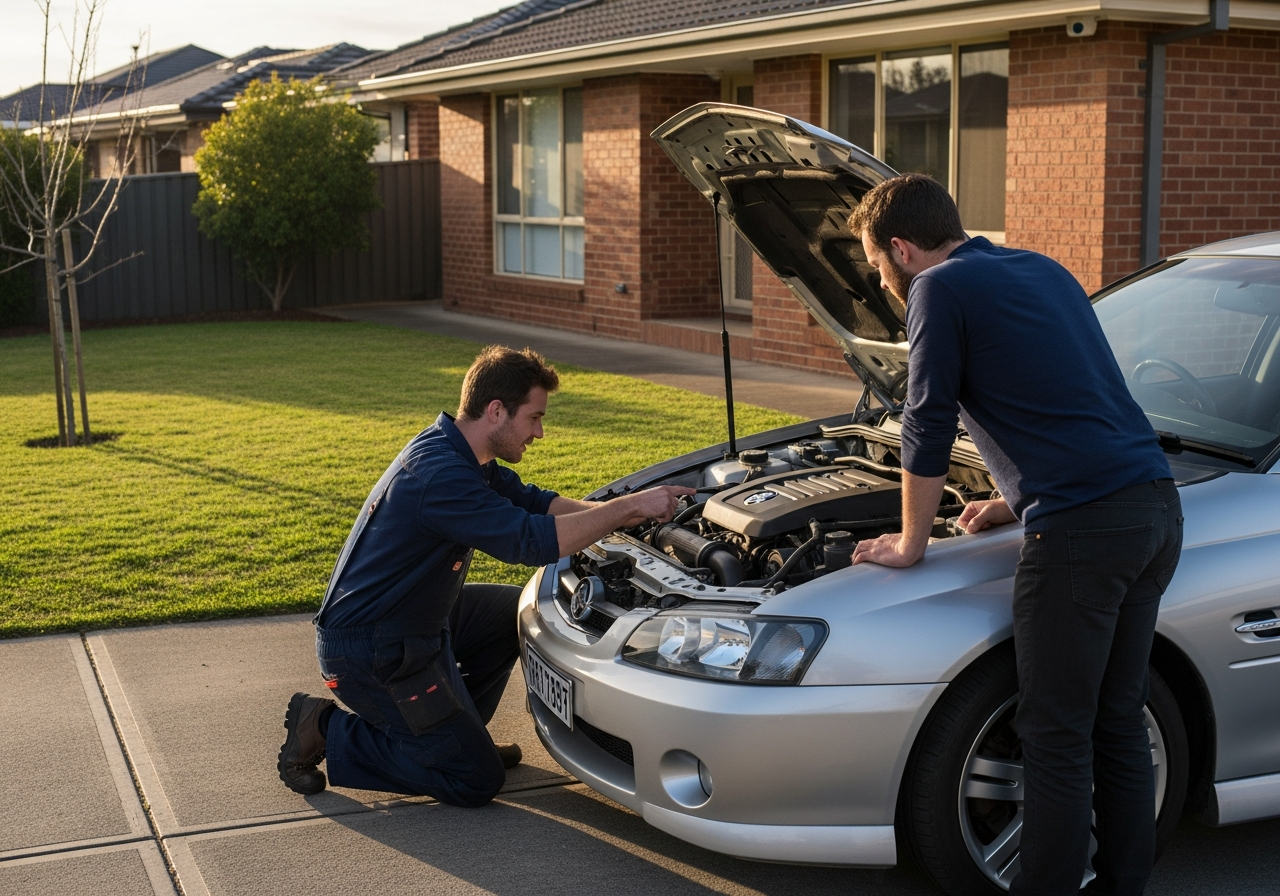 Mechanic consulting in driveway