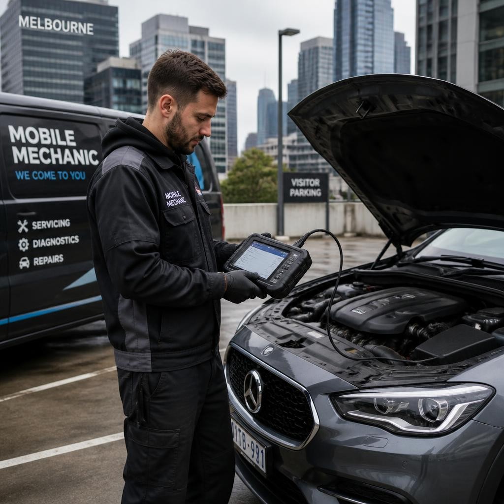 Mobile mechanic performing vehicle diagnostics in Melbourne