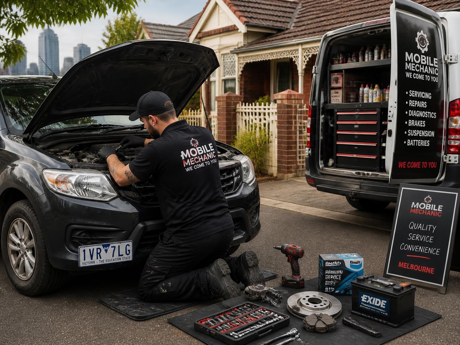 Mobile mechanic completing car repairs at a Melbourne home