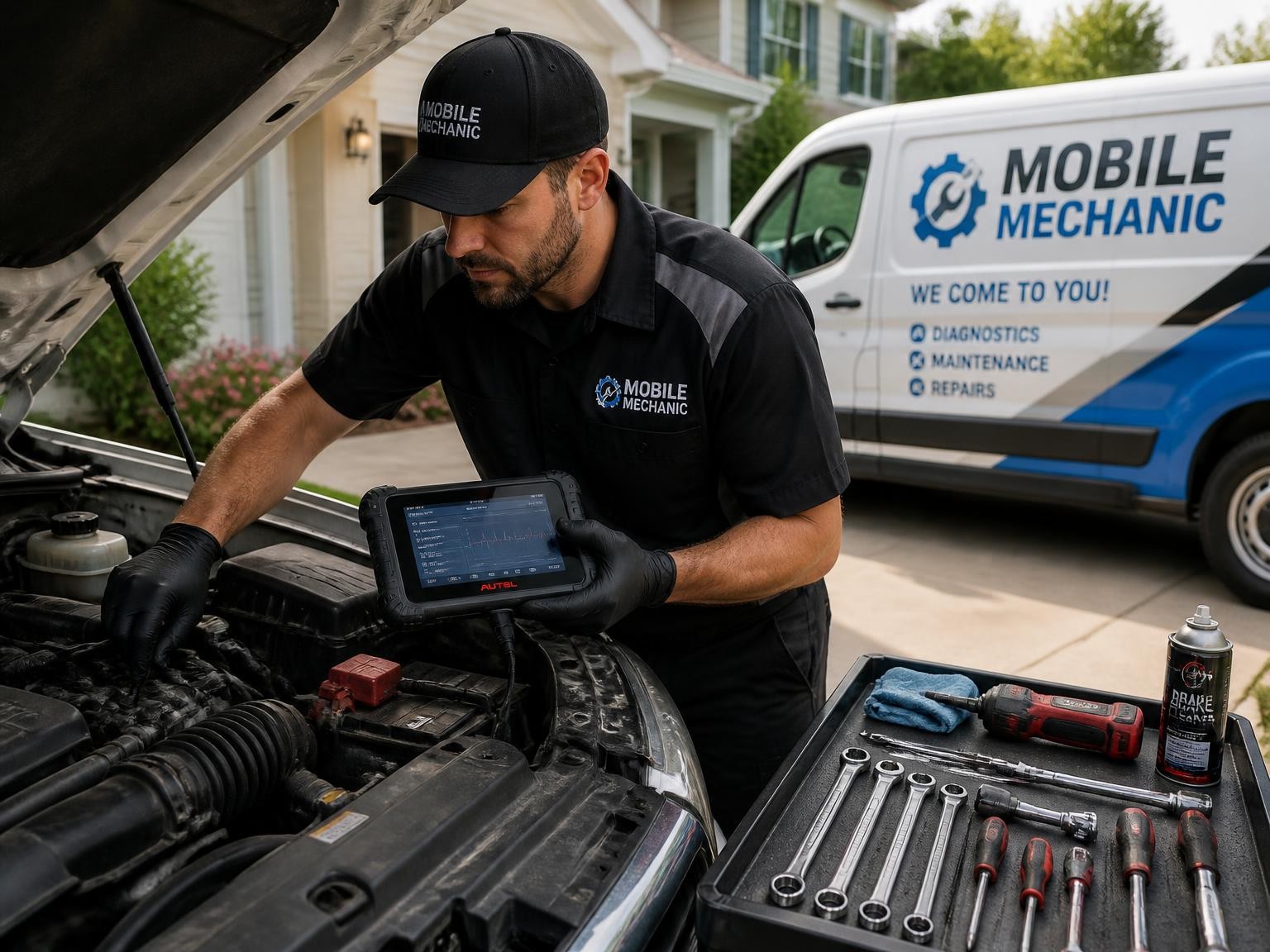 Mobile mechanic inspecting a vehicle at a customer's location