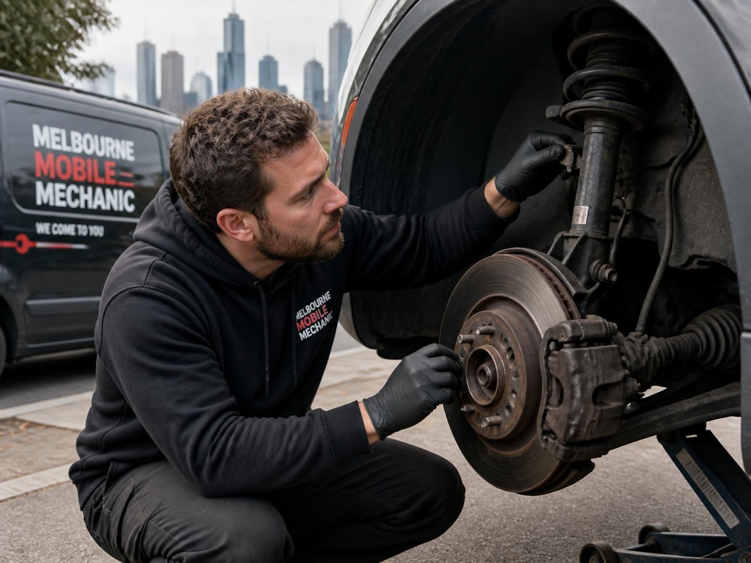 Mechanic inspecting vehicle components during an onsite repair