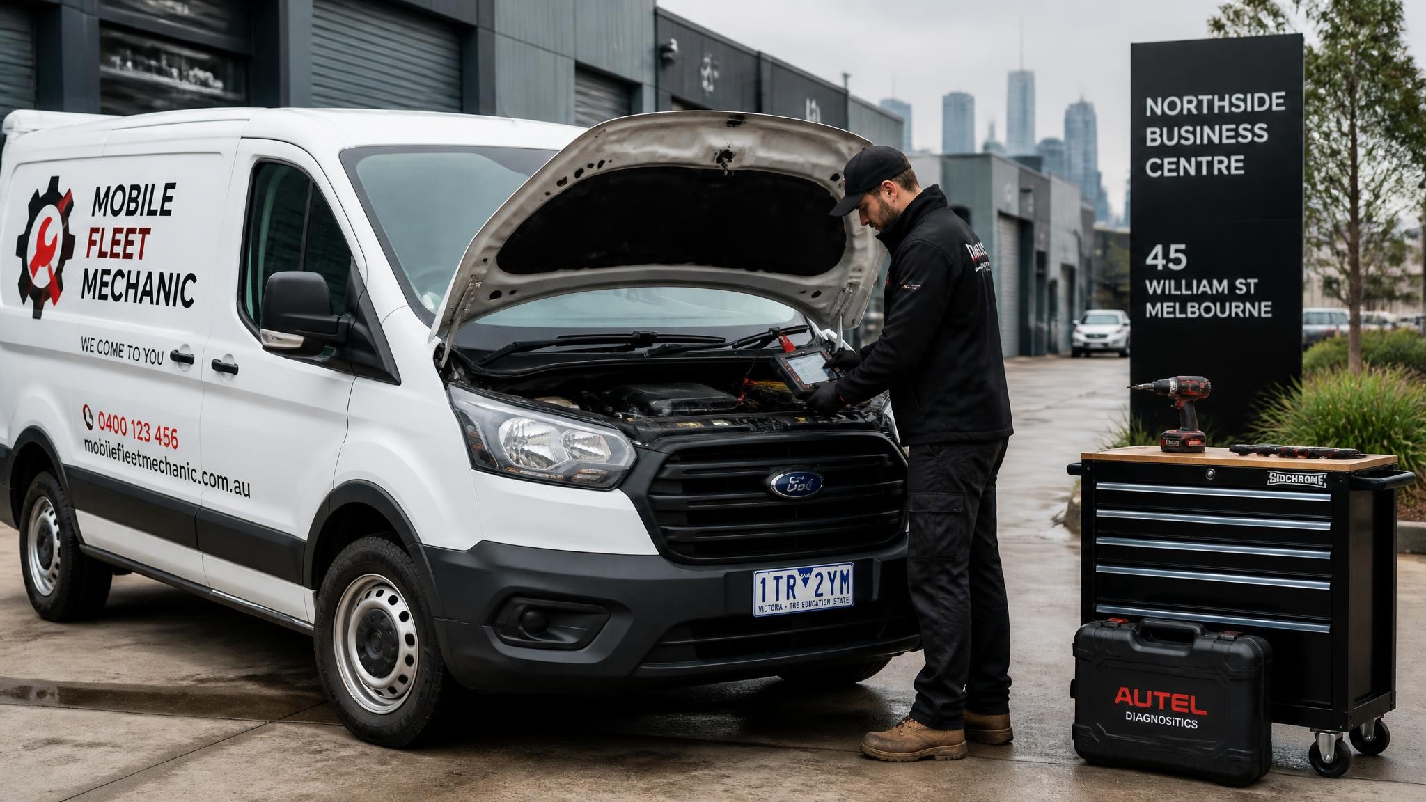 Mobile fleet mechanic servicing a work van in Melbourne