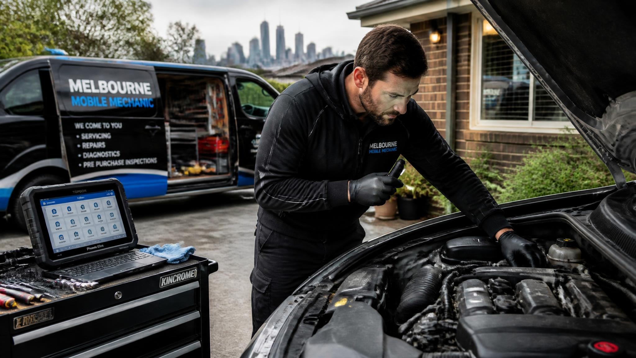 Affordable mechanic Melbourne inspecting a car onsite