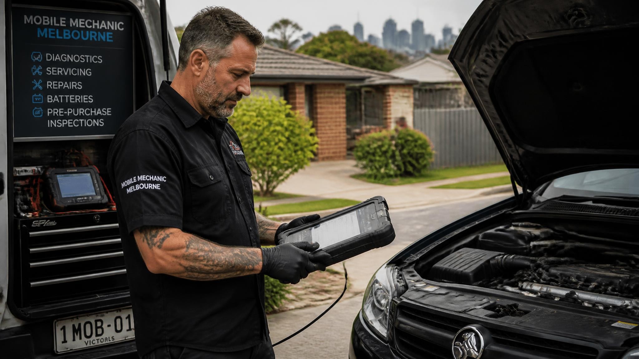 Mobile mechanic auto experts working at a Melbourne home