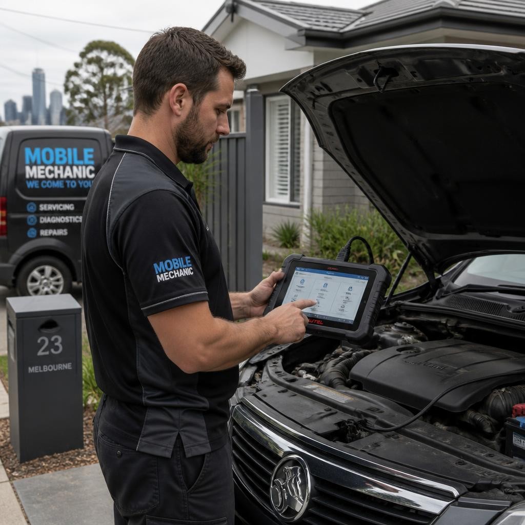 Mechanic performing on-site car diagnostics in Melbourne