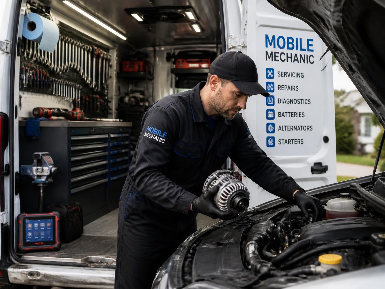 Mobile mechanic repairing a car alternator onsite
