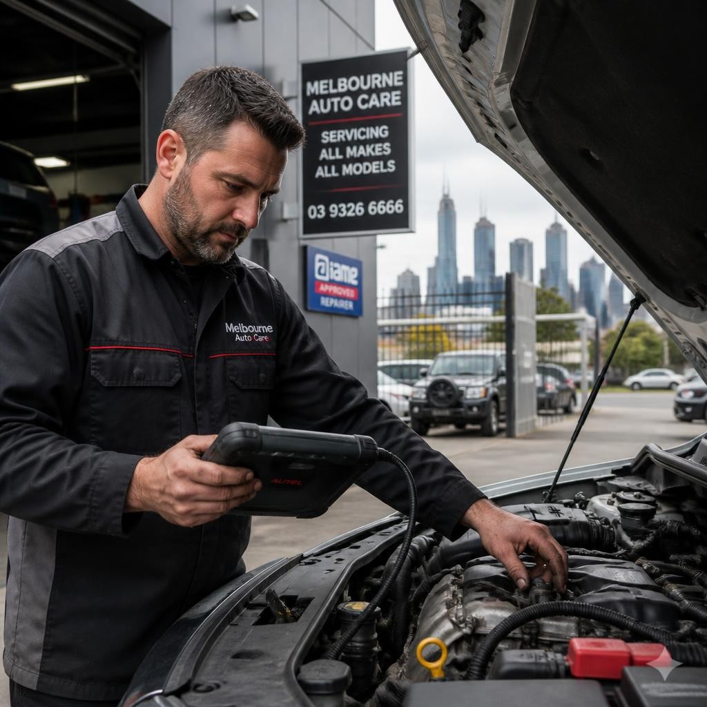 Mechanic using diagnostic equipment on a vehicle