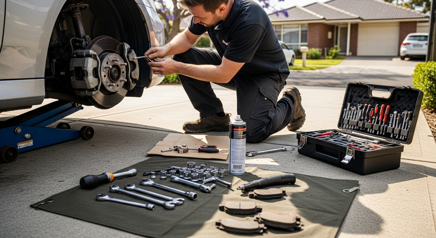 Mobile mechanic repairing brakes