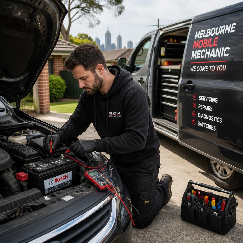 Mobile mechanic repairing a car battery onsite