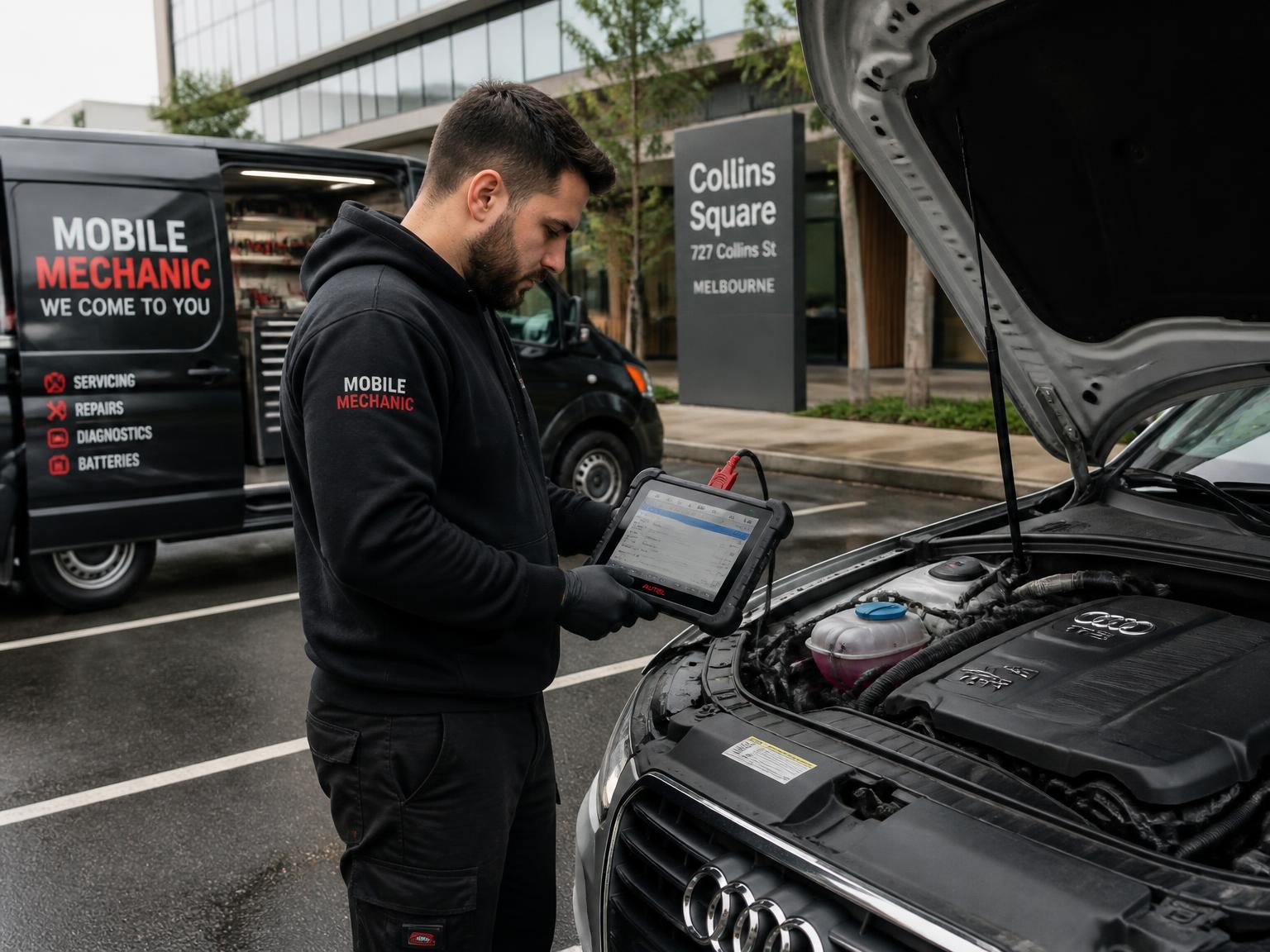 Mechanic diagnosing a vehicle on-site in Melbourne