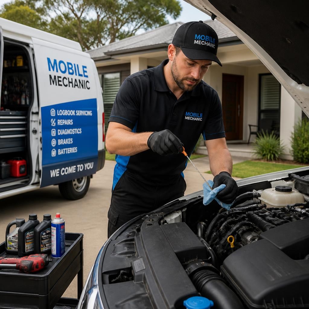 Mechanic completing a mobile car service at a customer's home