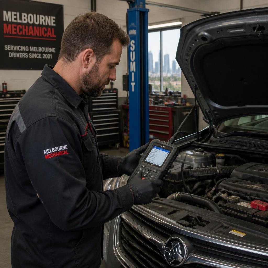 Mechanic carrying out on-site engine diagnostics during a mobile car tune up
