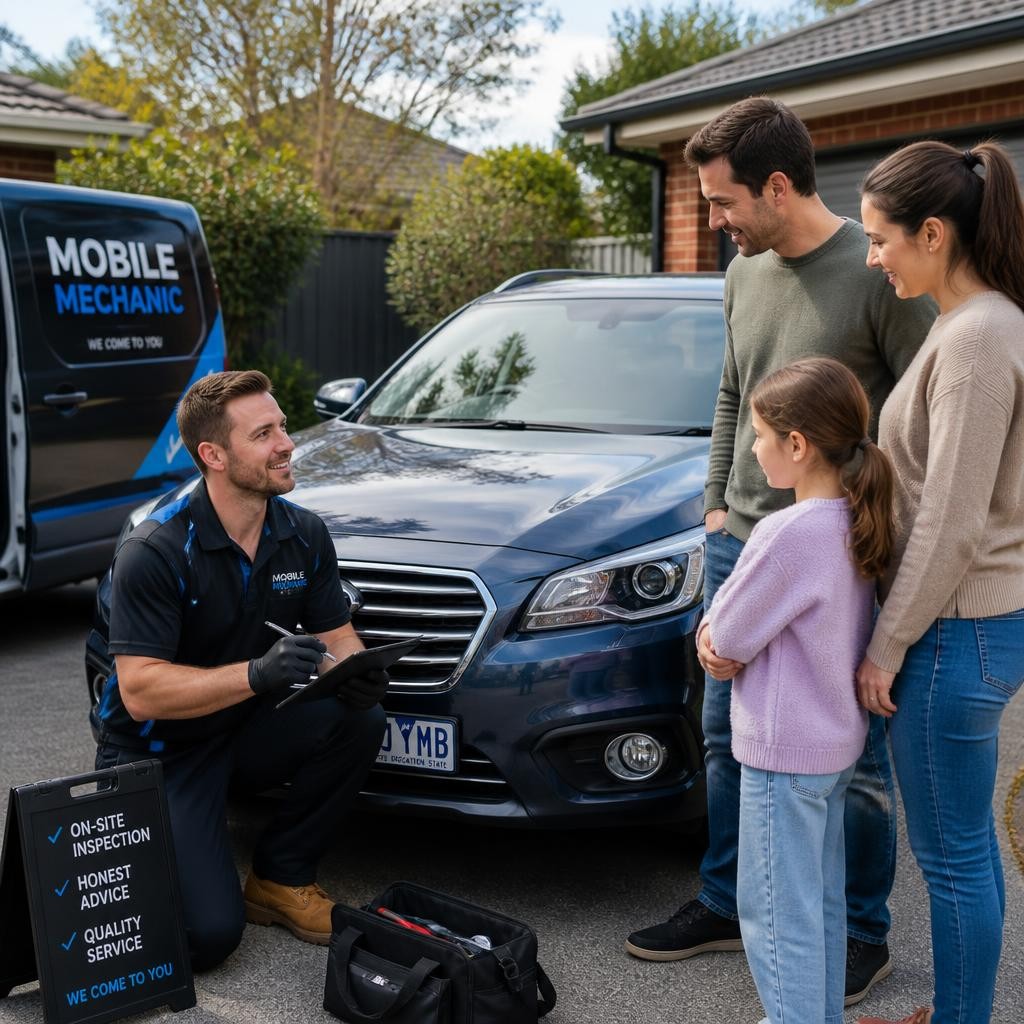 Qualified mechanic performing an onsite vehicle inspection in Melbourne